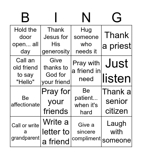 Generosity BINGO Card