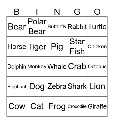 Animal Bingo Card