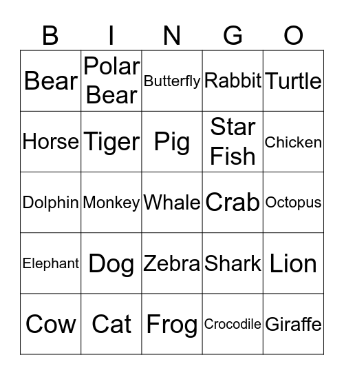 Animal Bingo Card