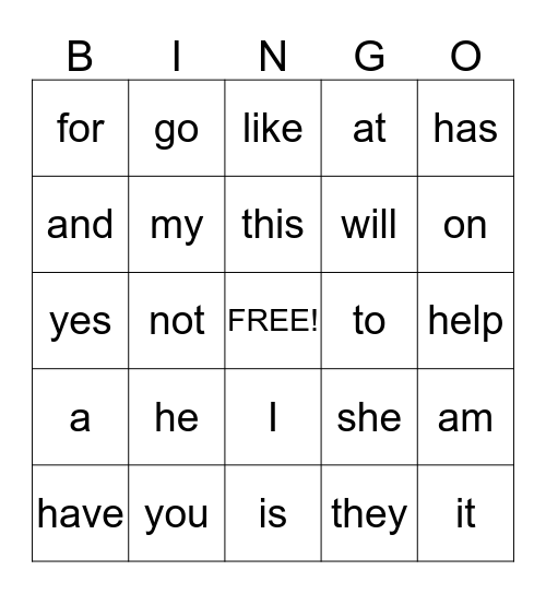 Kindergarten Sight Words Bingo Card