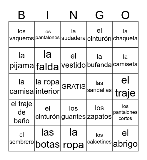 LOTO - La ropa Bingo Card