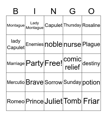 Romeo & Juliet Bingo Card