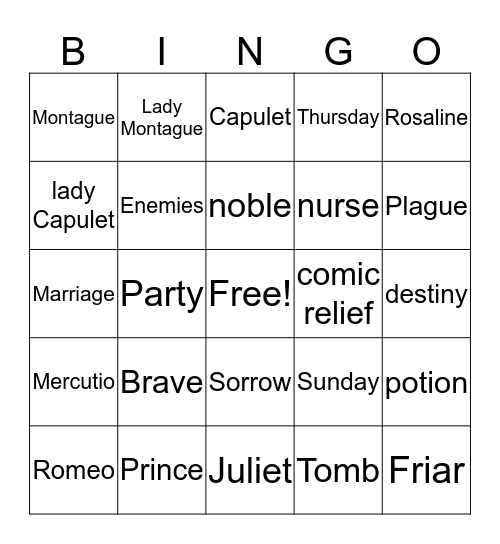 Romeo & Juliet Bingo Card