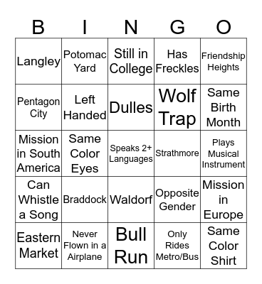 YSA Ice Breaker Bingo Card