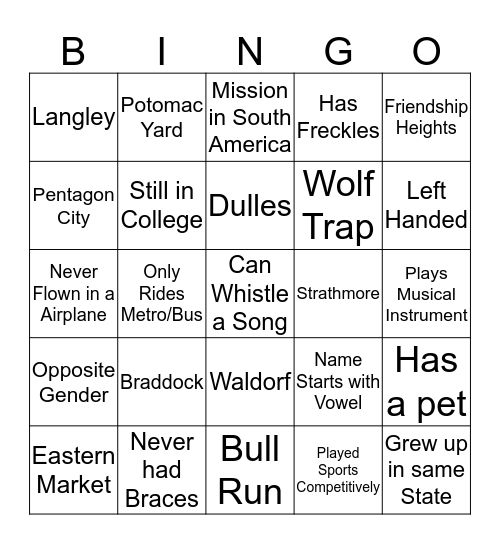 YSA Ice Breaker Bingo Card