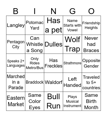 YSA Ice Breaker Bingo Card