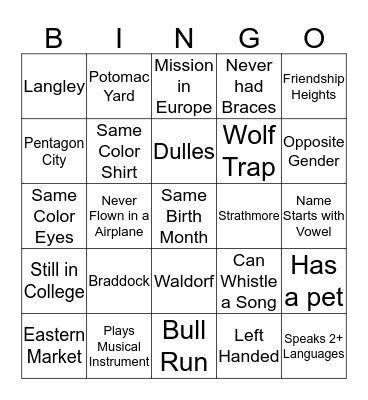 YSA Ice Breaker Bingo Card