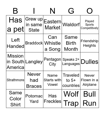 YSA Ice Breaker Bingo Card