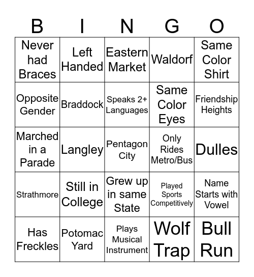 YSA Ice Breaker Bingo Card