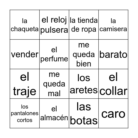 LA ROPA  Bingo Card