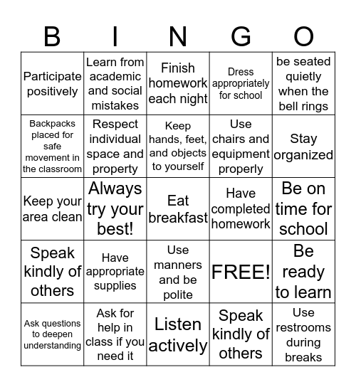 B.E.S.T. Classroom Behavior Expectations  Bingo Card