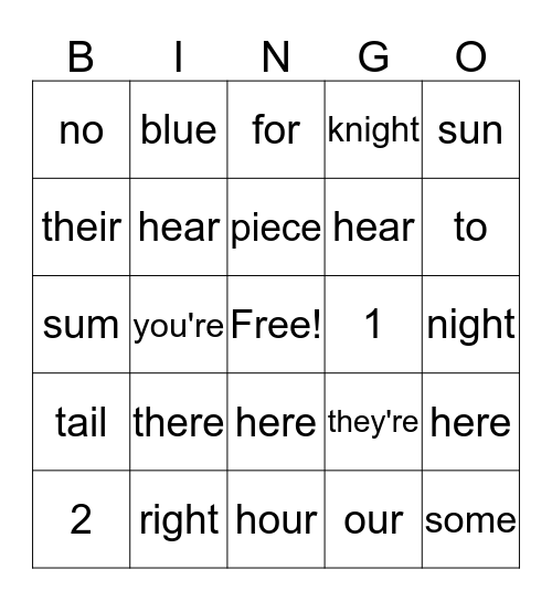 Homophones Bingo Card