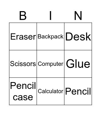 Clasroom Objects Bingo Card