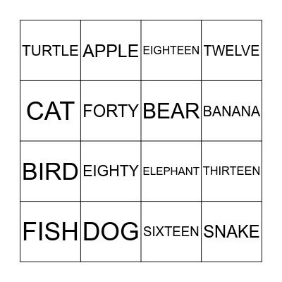 NUMBERS, FOOD, ANIMALS Bingo Card