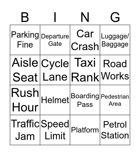 Traffic and Transport Bingo Card