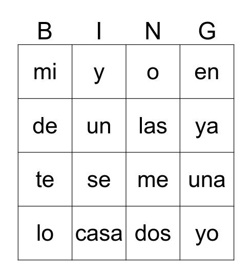 Palabras de Alta Frecuencia-Bingo Card
