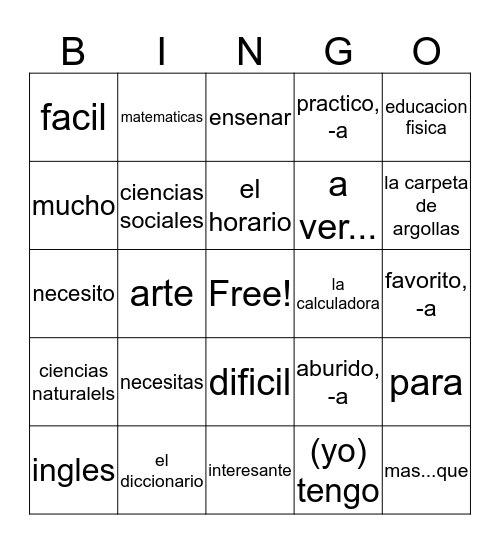 Tu dia en la escuela Bingo Card