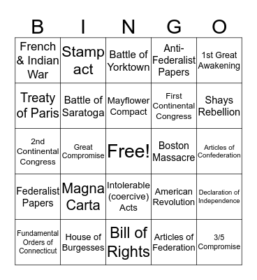 Early America Bingo Card