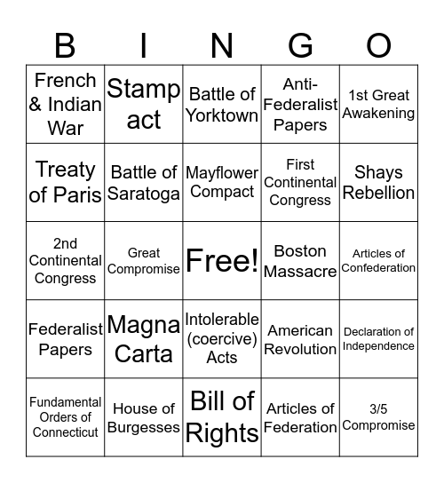 Early America Bingo Card