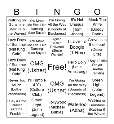 Bingo Singo - Exercise Tunes Bingo Card