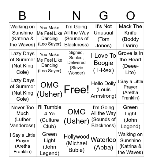Bingo Singo - Exercise Tunes Bingo Card