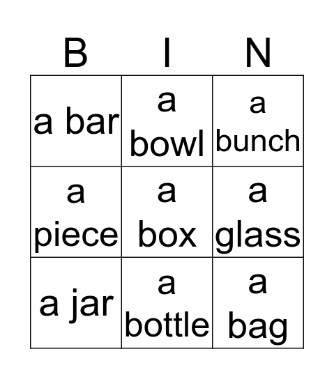 Containers Bingo Card