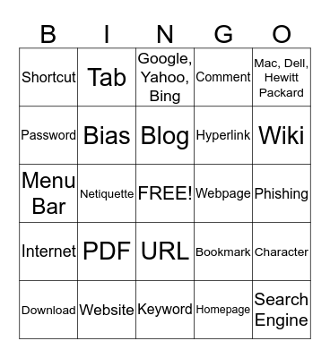 Internet Terminology Bingo Card