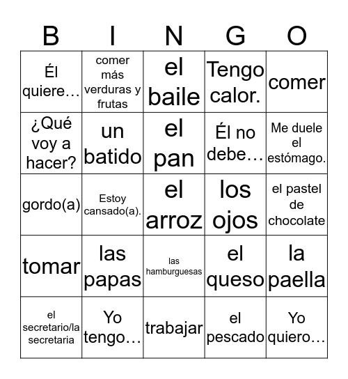 Spanish 1 Quarter 3 Study Guide Bingo Card