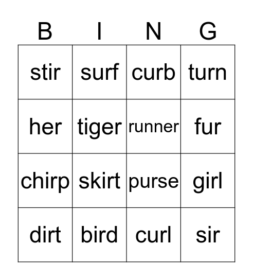 ir er and ur words Bingo Card