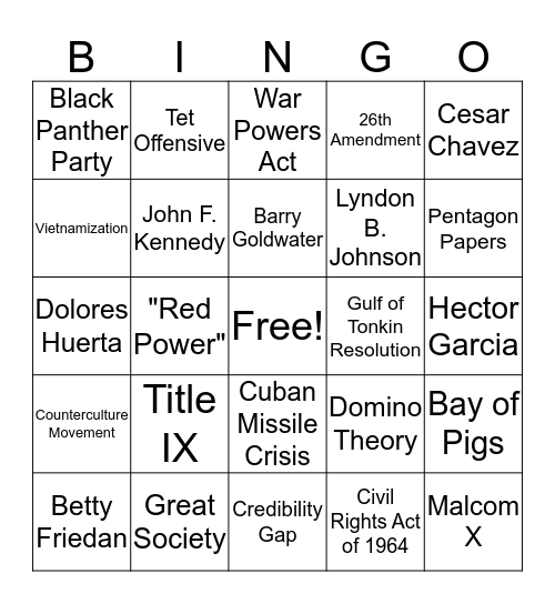 Chapter 14: The Tumultuous 1960s Bingo Card