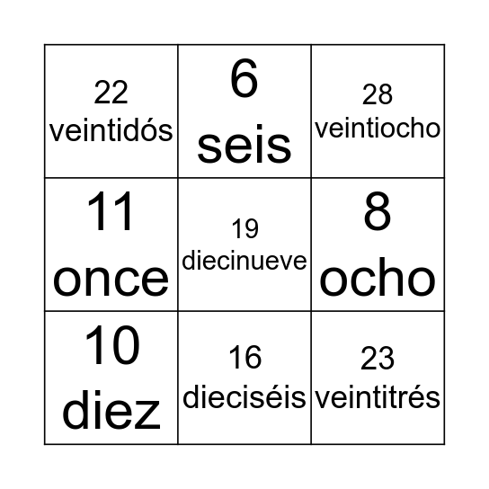 Los Números Bingo Card
