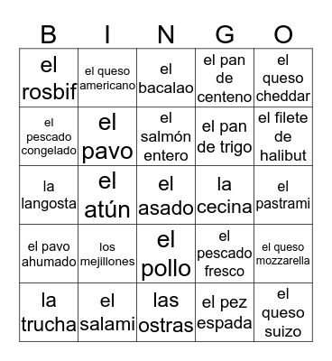 Seafood and Deli Bingo Card