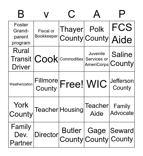 BVCA BINGO MINGLE.  Collect Initials. Turn in full card for gift card drawing. Bingo Card