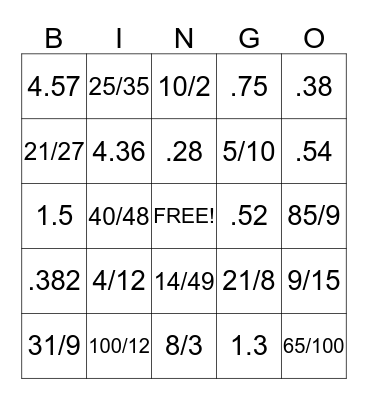 Fantastic Fractions Bingo Card