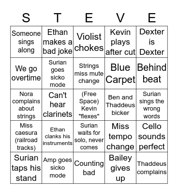 Pit Band Bingo Card