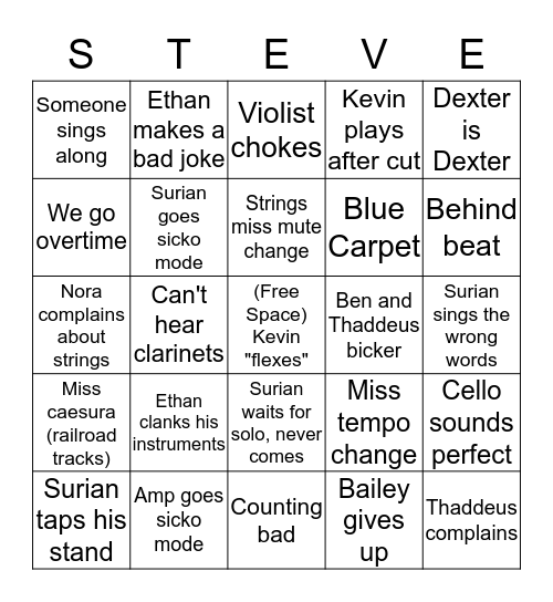 Pit Band Bingo Card