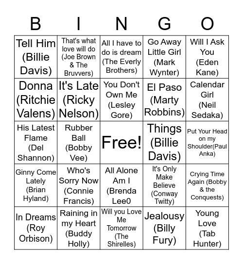 Dreamboats & Petticoats Bingo Card