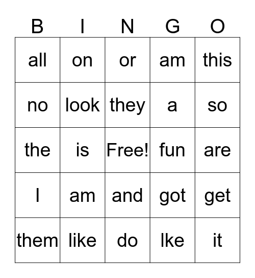 Sight Word Bingo Card