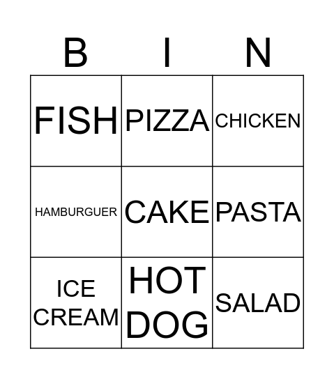 Favorite food Bingo Card