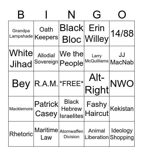 Domestic Extremism Bingo Card