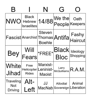 Domestic Extremism Bingo Card