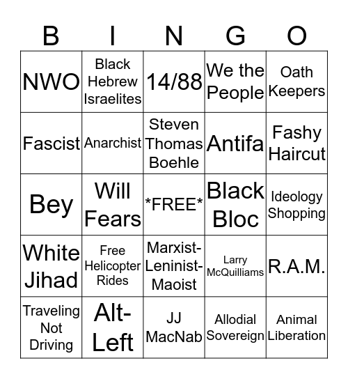 Domestic Extremism Bingo Card