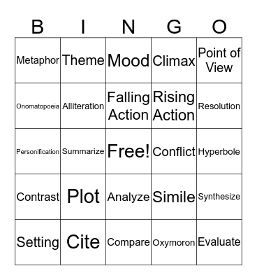 ELA Vocabulary Bingo Card