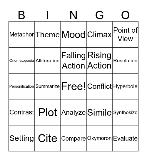 ELA Vocabulary Bingo Card