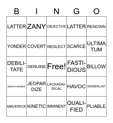 FOURTH GRADE SAT WORDS Bingo Card