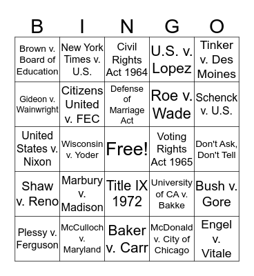 Court Cases and Laws Bingo Card