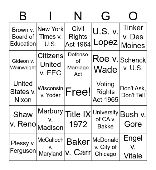 Court Cases and Laws Bingo Card