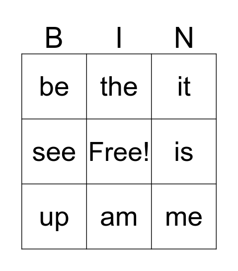 Sight Word Bingo Card