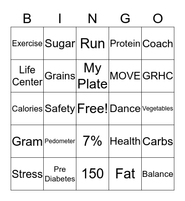 Diabetes Prevention Bingo Card