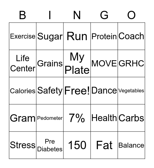 Diabetes Prevention Bingo Card